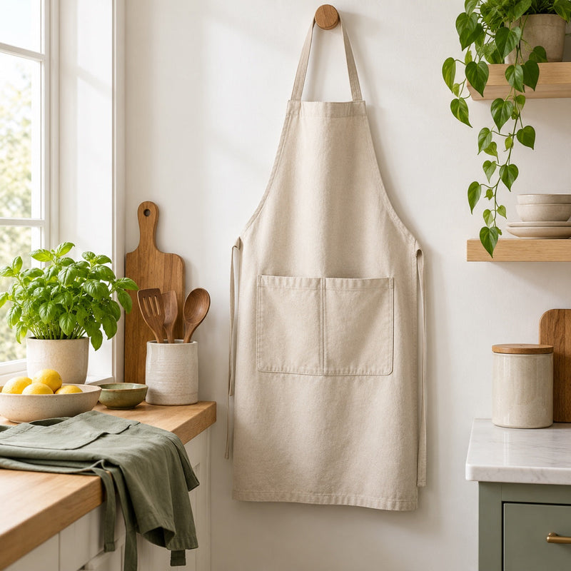 Canvas kitchen apron with front pockets hanging on a kitchen wall
