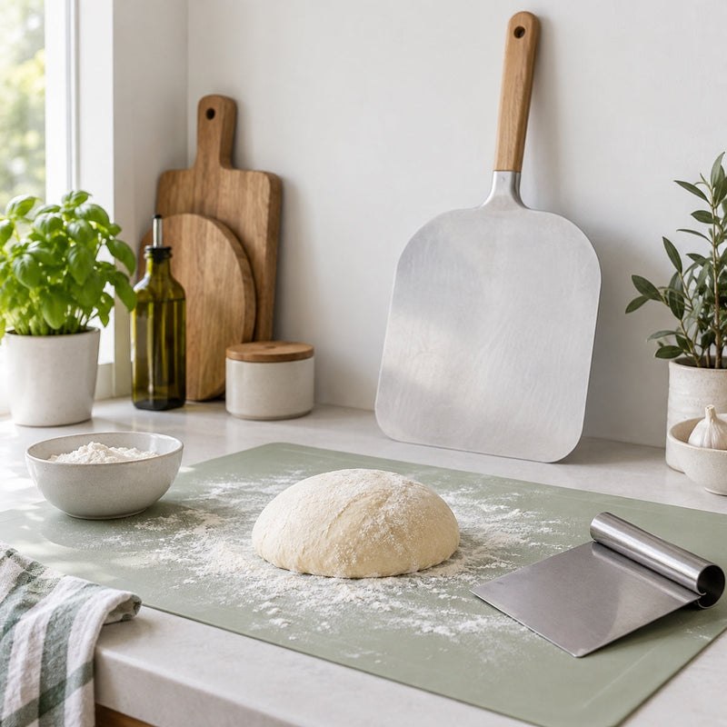 Pizza dough on a silicone pastry mat with a bench scraper and a pizza peel