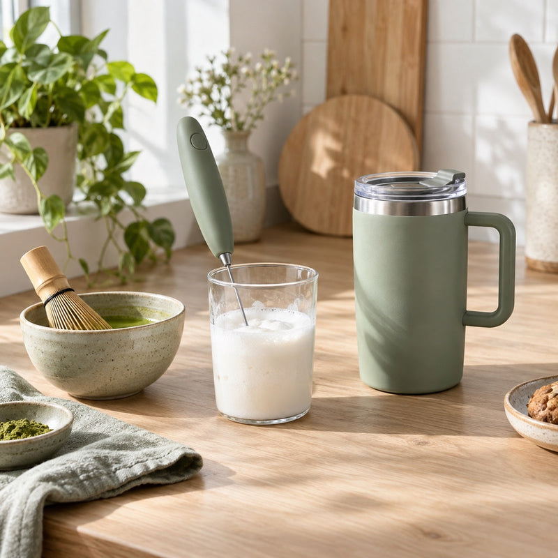 Milk frother in frothed milk, a matcha bowl with bamboo whisk and an insulated travel mug