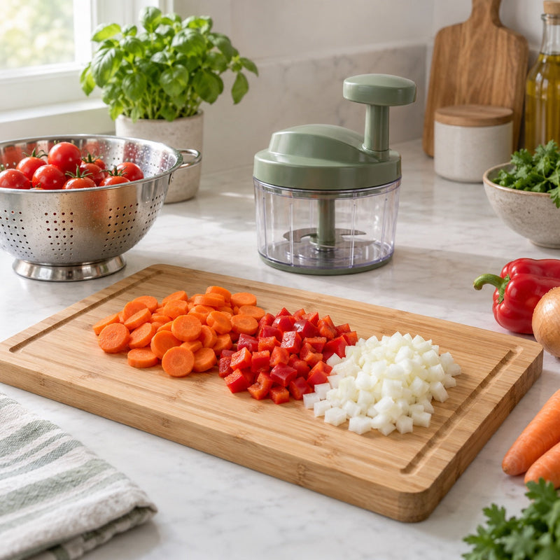 Bamboo cutting board with chopped vegetables, a colander of tomatoes and a manual chopper