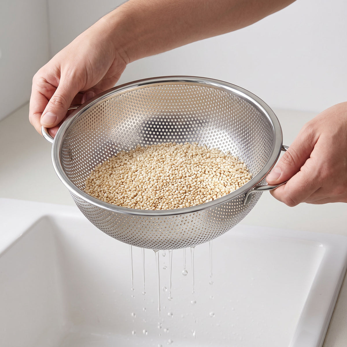 10-Inch Micro-Perforated Stainless Steel Colander for Grains in use, draining rinsed quinoa over the sink