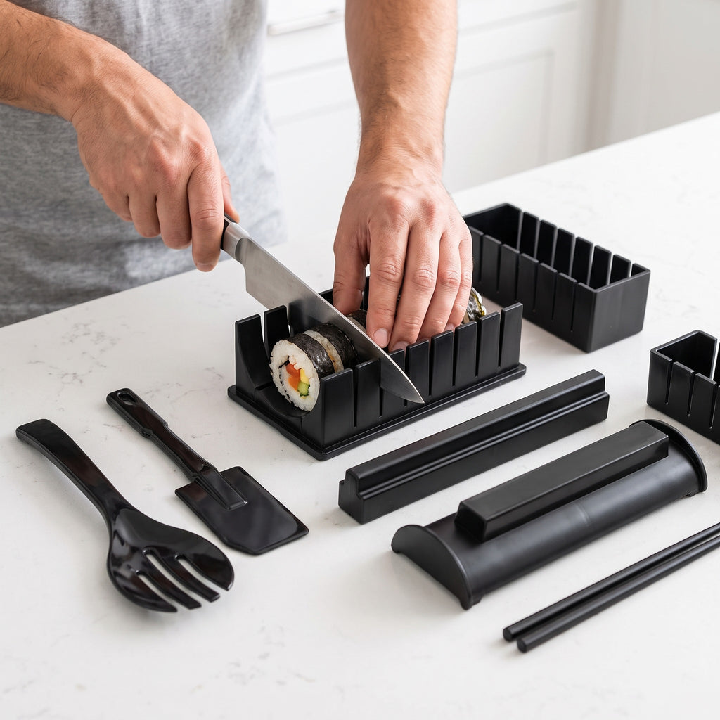 10-Piece Sushi Mold Kit for Rolls Nigiri and Maki in use, slicing a maki roll in the cutting guide on a kitchen island