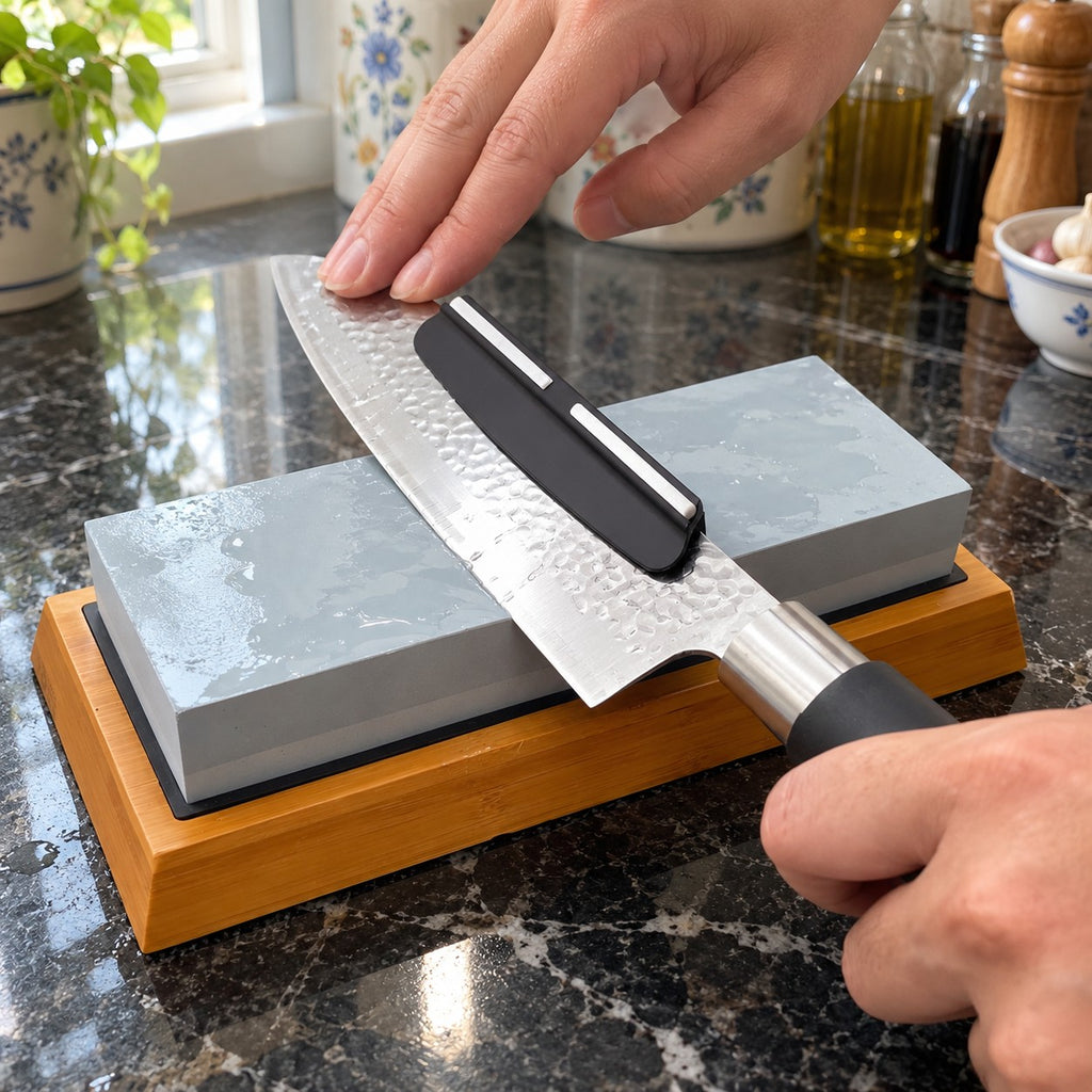 1000/6000 Grit Whetstone with Angle Guide in a home kitchen