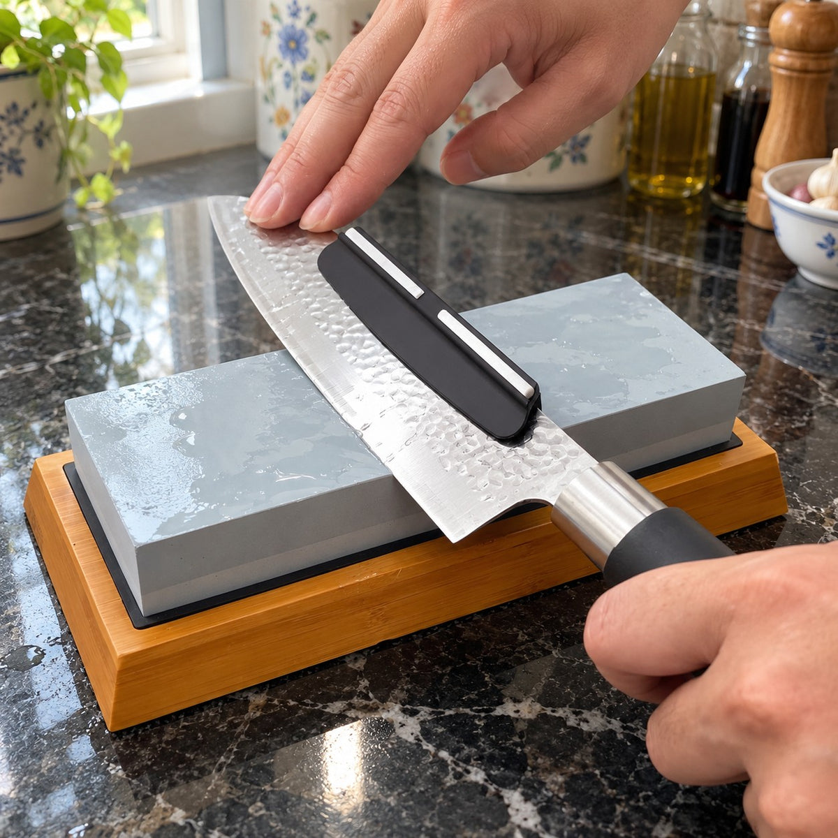 1000/6000 Grit Whetstone with Angle Guide in a home kitchen
