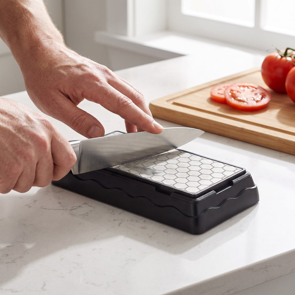 1000 Grit Diamond Knife Sharpening Stone with Non-Slip Base in use, sharpening a chef's knife on the kitchen counter