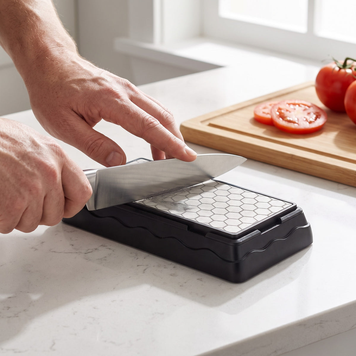 1000 Grit Diamond Knife Sharpening Stone with Non-Slip Base in use, sharpening a chef's knife on the kitchen counter