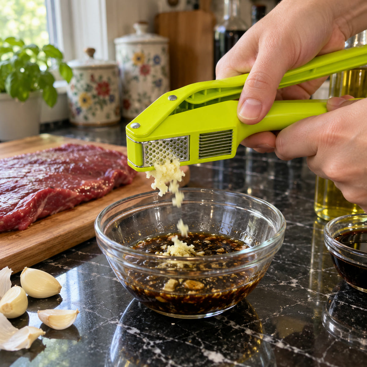 2-in-1 Garlic Press and Slicer, pressing garlic into a steak marinade