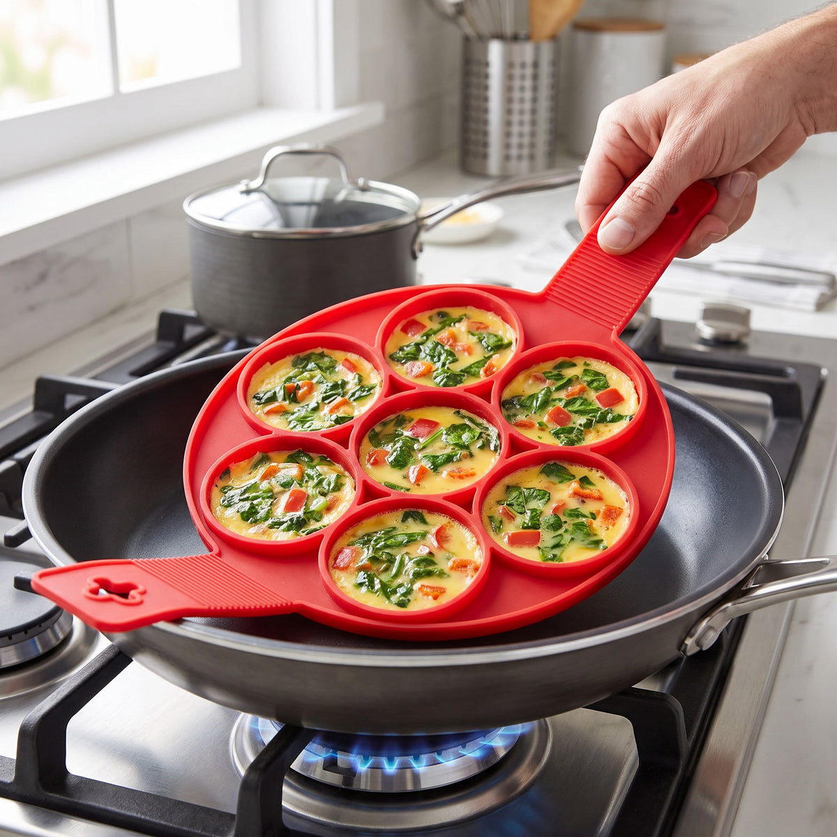 2-in-1 Non-Stick Silicone Pancake Mold for Stovetop and Oven in use, cooking seven vegetable egg bites in a pan on a gas stovetop