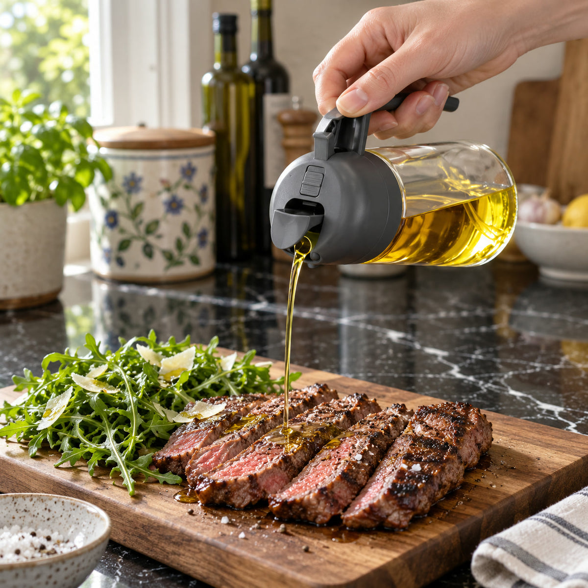 2-in-1 Oil Sprayer and Pourer, pouring olive oil over sliced steak and arugula