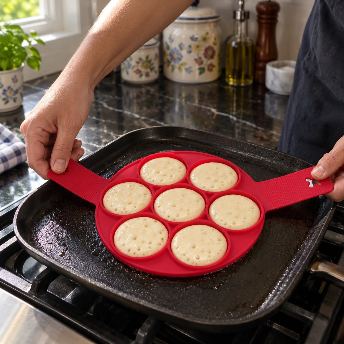 2-in-1 Non-Stick Silicone Pancake Mold for Stovetop and Oven in a home kitchen
