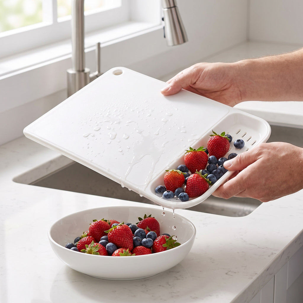 3-in-1 Draining Cutting Board with Raised Edges and Handles in use, tipping rinsed berries into a serving bowl
