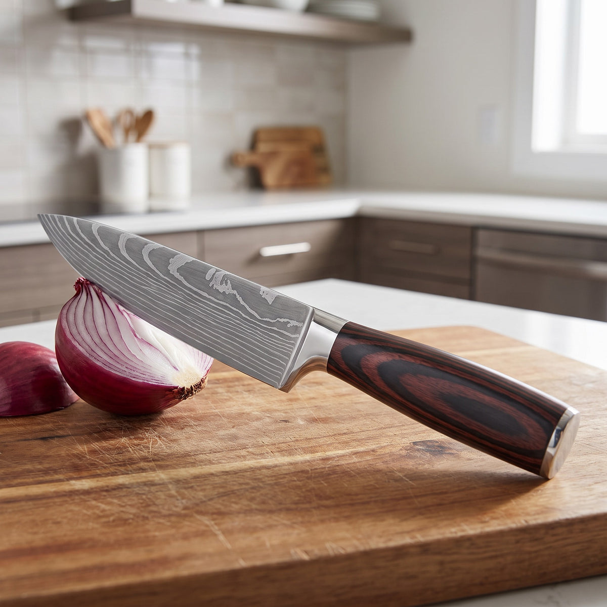 3-Piece Damascus Pattern Kitchen Knife Set with Non-Slip Handles - close-up of the Damascus pattern chef knife blade and wood-grain handle