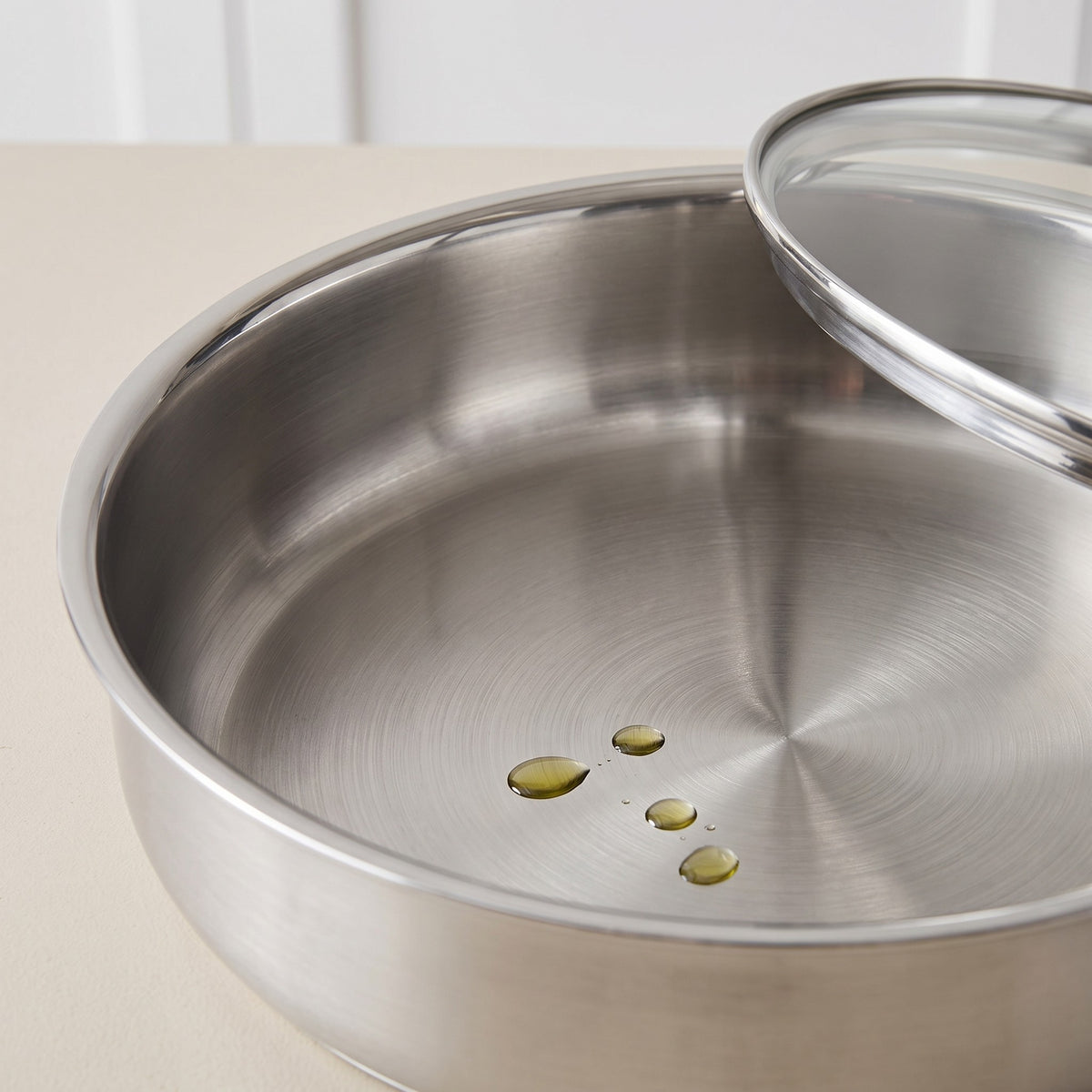 316 Stainless Steel Frying Pan with Glass Lid - close-up of the uncoated 316 stainless steel cooking surface