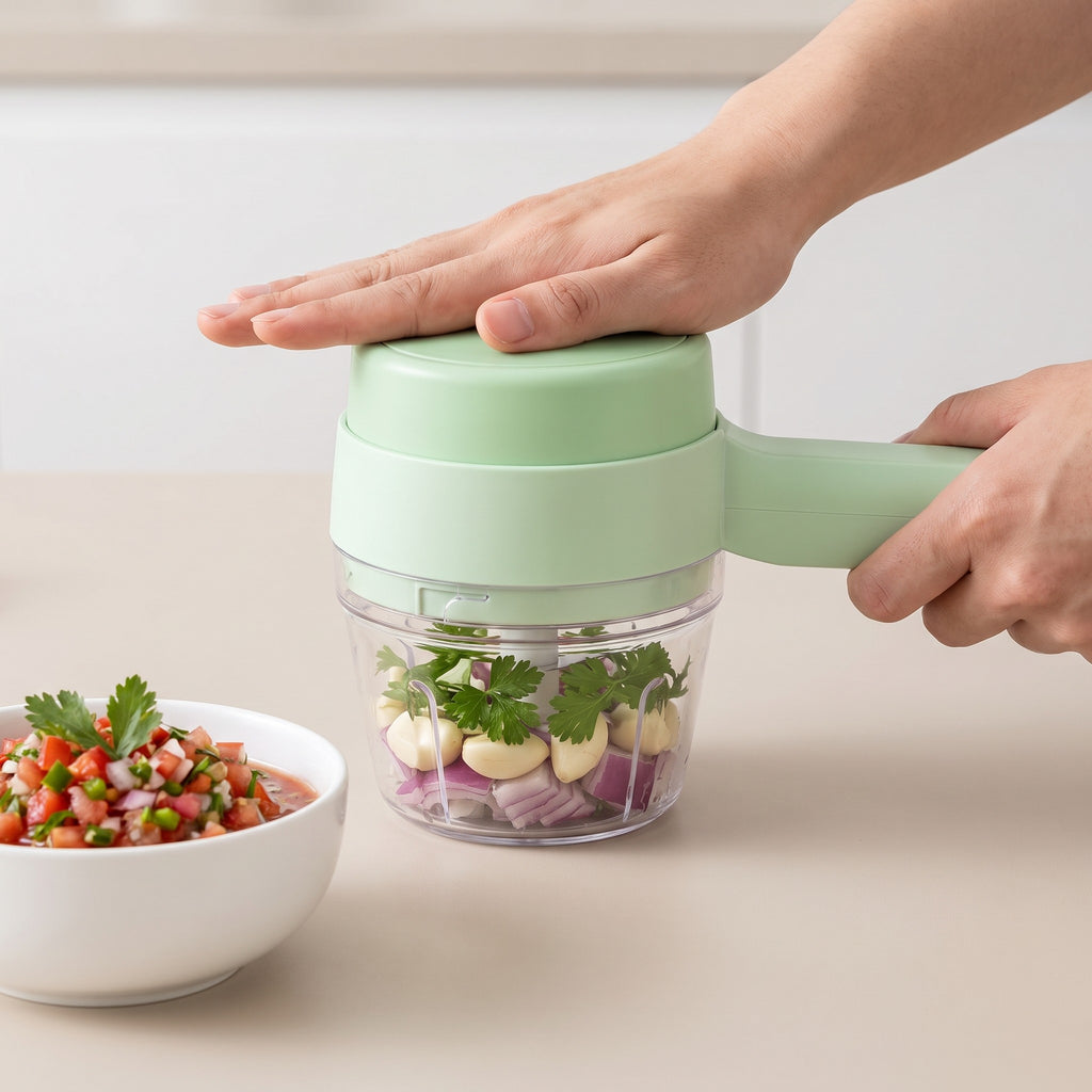 4-in-1 Compact Food Chopper and Whisk with Cleaning Brush in use, chopping garlic, onion and parsley