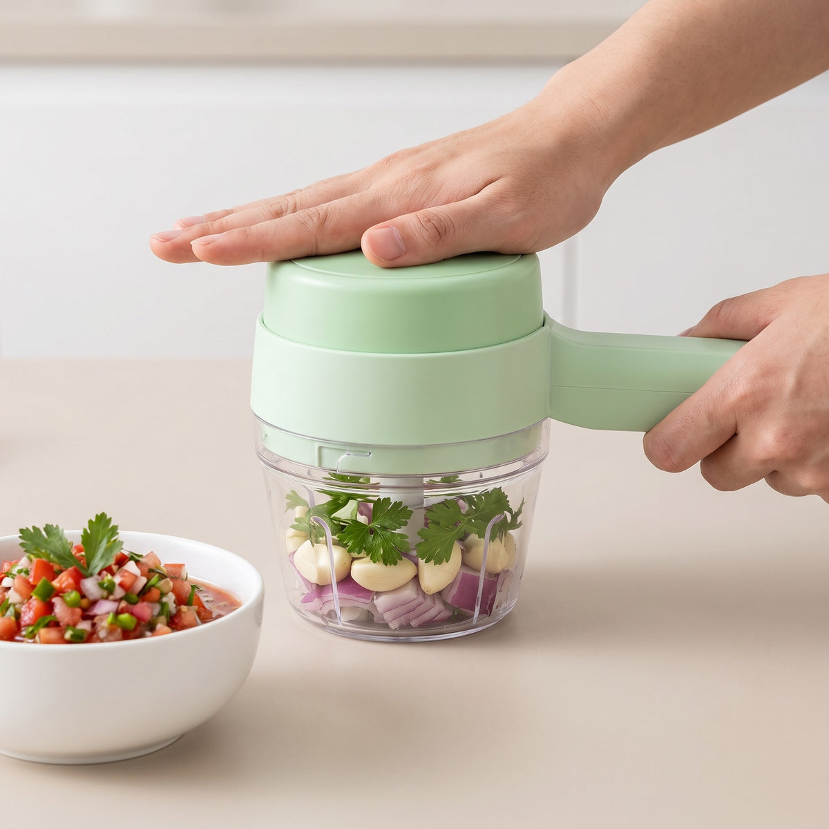 4-in-1 Compact Food Chopper and Whisk with Cleaning Brush in use, chopping garlic, onion and parsley