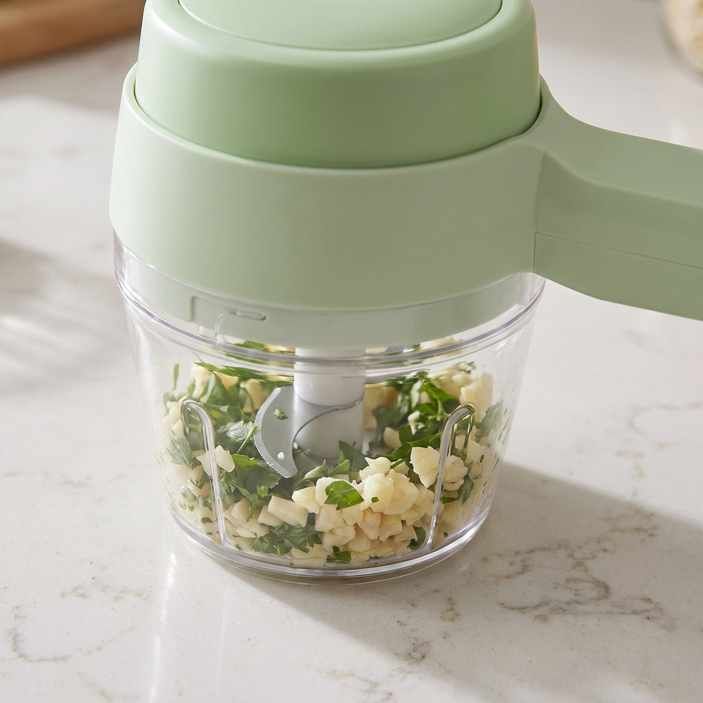 4-in-1 Compact Food Chopper and Whisk with Cleaning Brush - close-up of the stainless steel blades in the clear bowl