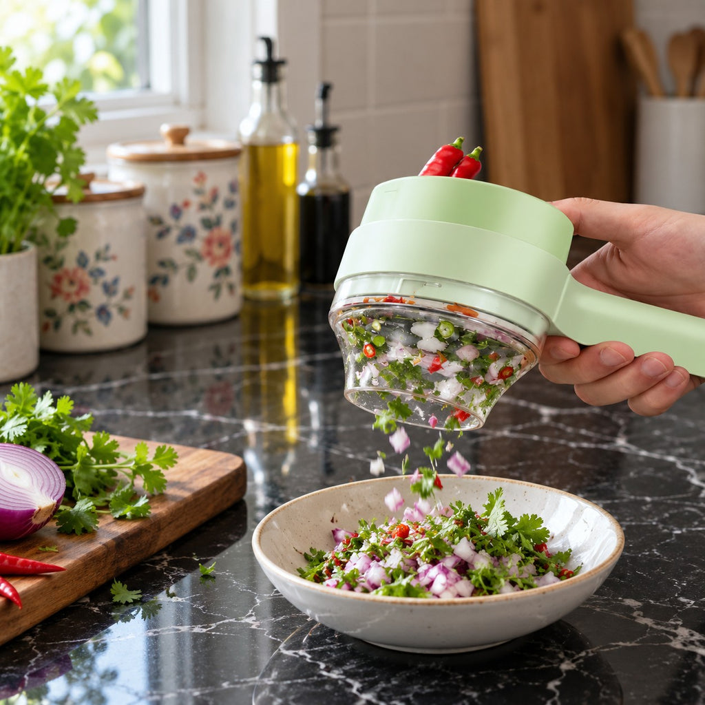 4-in-1 Compact Food Chopper and Whisk with Cleaning Brush in a home kitchen