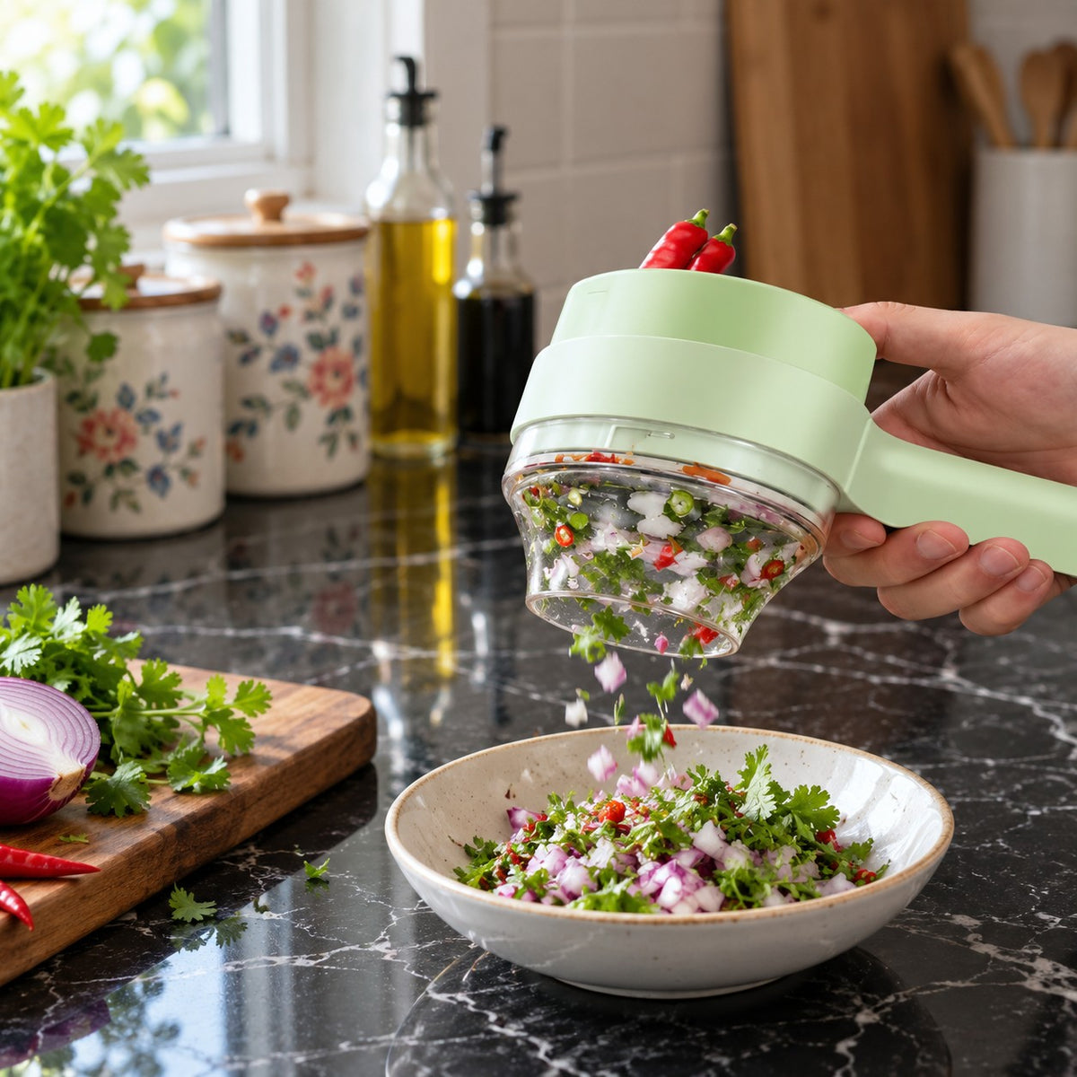 4-in-1 Food Chopper and Whisk with Cleaning Brush in a home kitchen