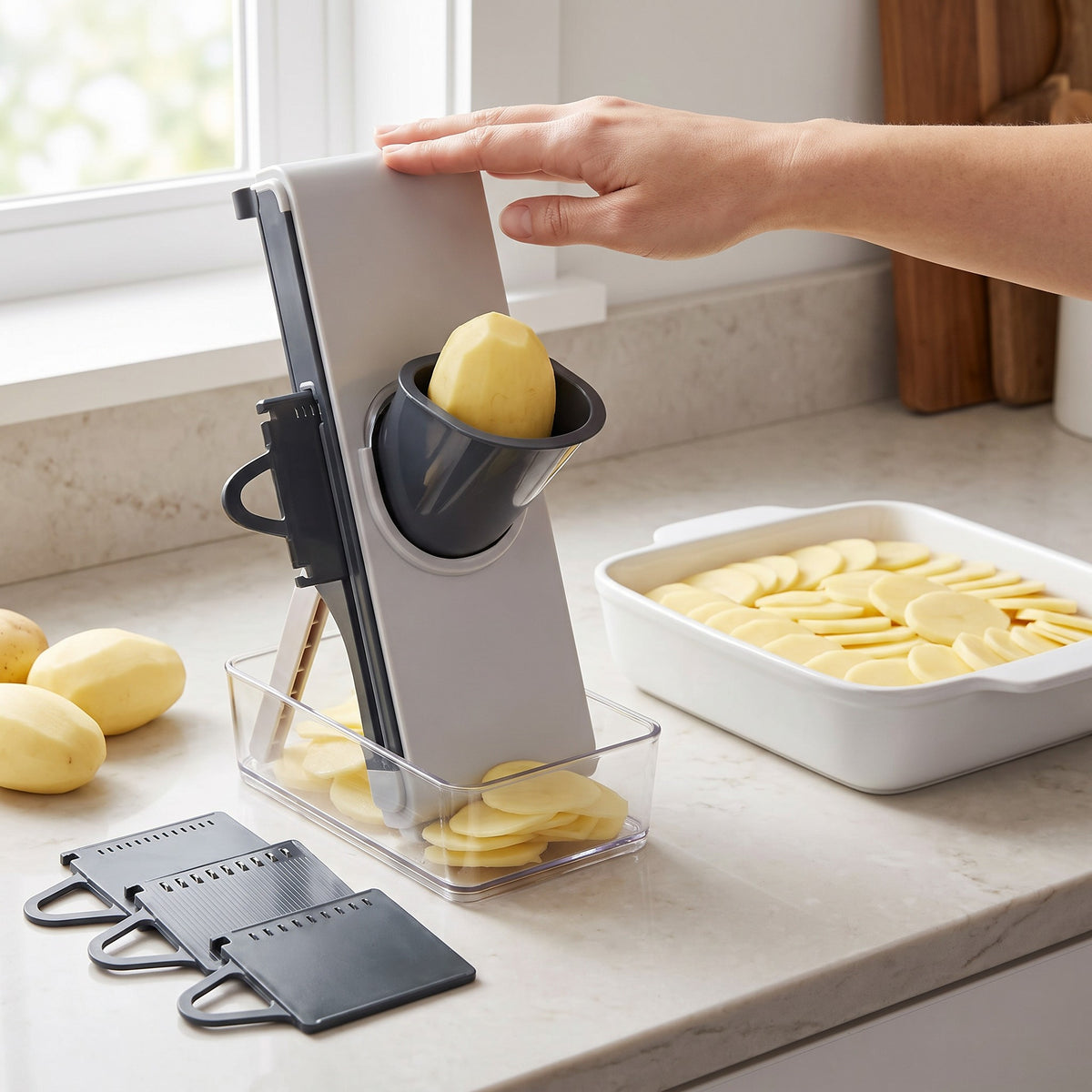 4-in-1 Vegetable Slicer for Potatoes and Onions in use, slicing peeled potatoes into the clear container