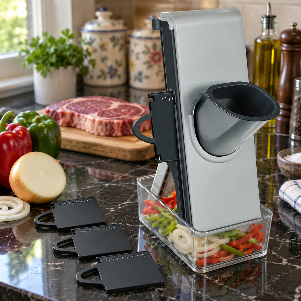4-in-1 Vegetable Slicer for Potatoes and Onions, with sliced onions and peppers
