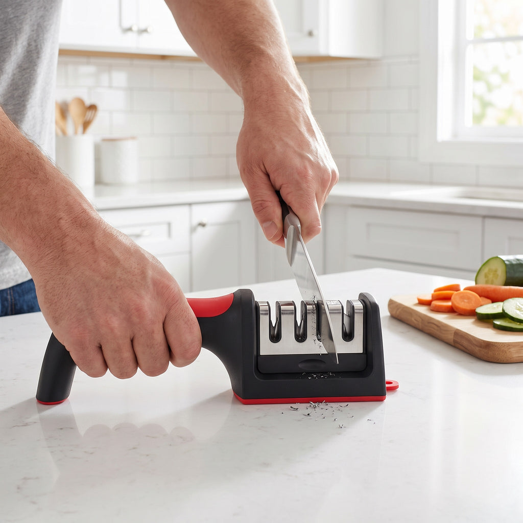 4-Slot Knife and Scissor Sharpener with Three Grinding Heads in use, drawing a chef knife through a sharpening slot