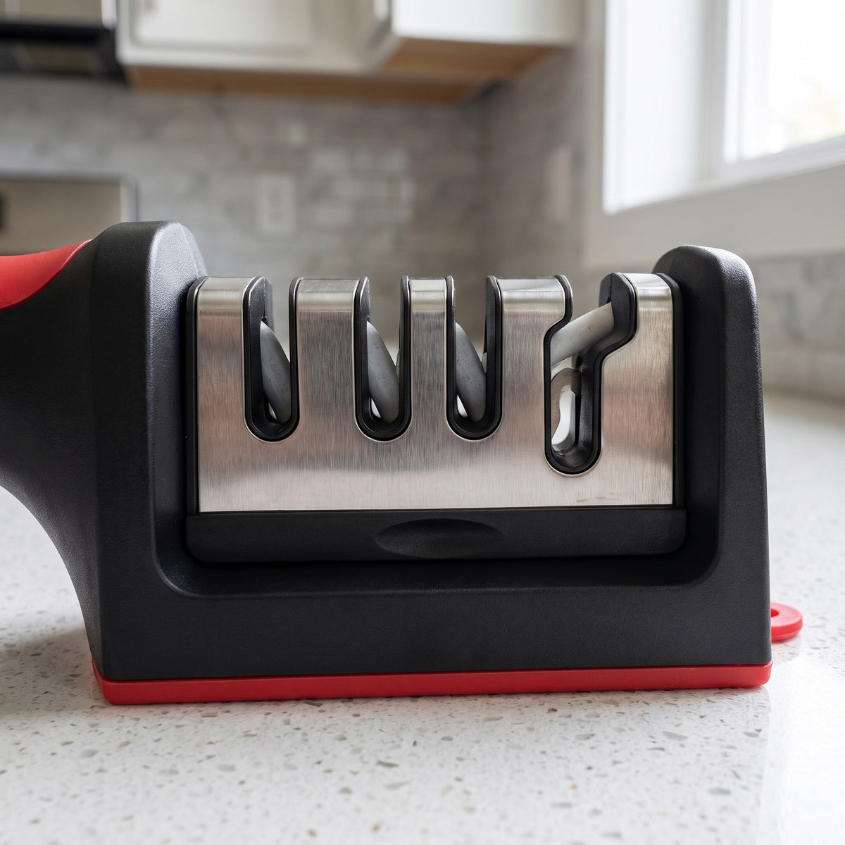 4-Slot Knife and Scissor Sharpener with Three Grinding Heads - close-up of the four sharpening slots and their grinding heads