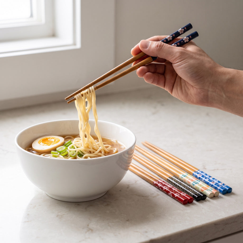 5-Pair Reusable Bamboo Chopsticks Set with Nonslip Tips in use, lifting ramen noodles