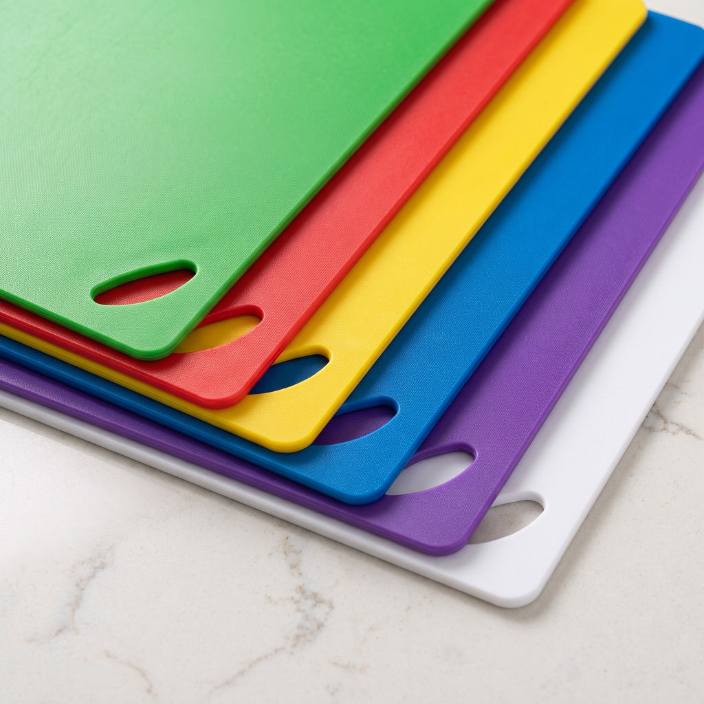 6-Piece Flexible Color-Coded Cutting Mat Set with Hanging Handles - close-up of the thin flexible mats and hanging handles