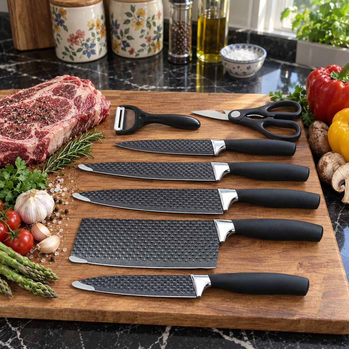 6-Piece Knife Set with Kitchen Scissors and Peeler in a home kitchen