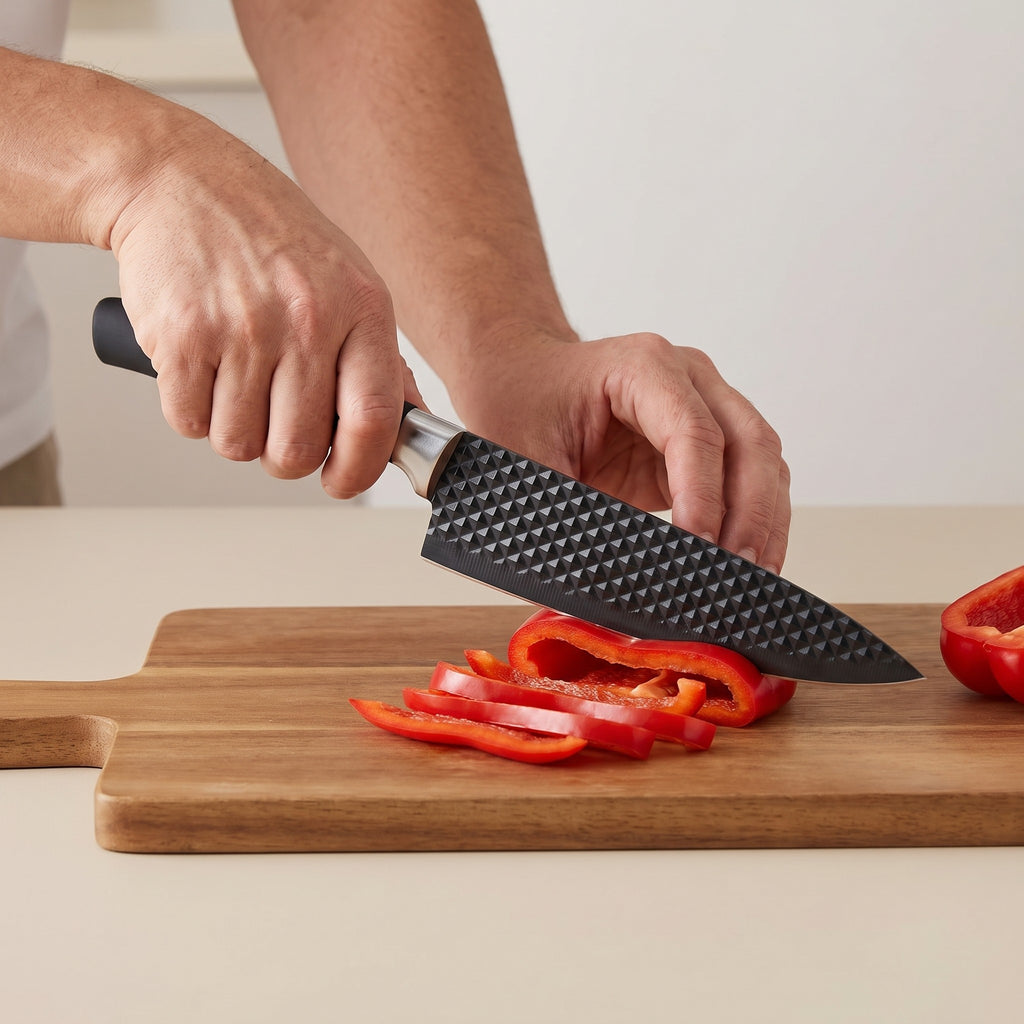 6-Piece Stainless Steel Knife Set with Kitchen Scissors and Peeler in use, slicing a bell pepper