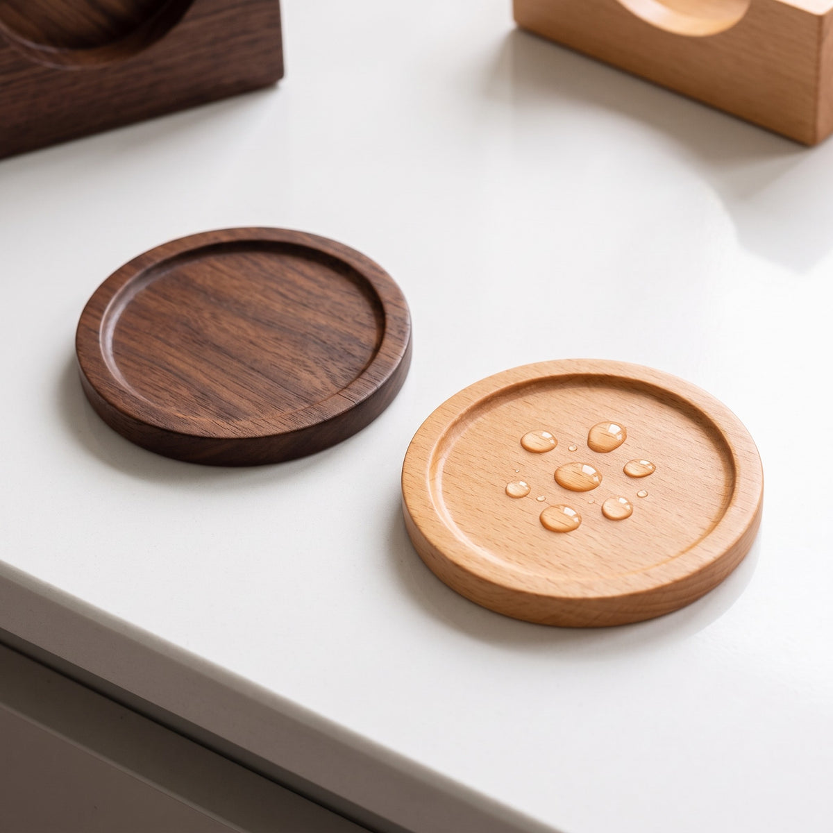 6-Piece Wooden Coaster Set with Holder and Raised Rim - close-up of the solid wood grain and raised rim