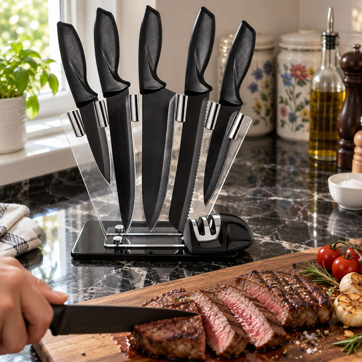 7-Piece Black Knife Set with Sharpener and Stand in a home kitchen