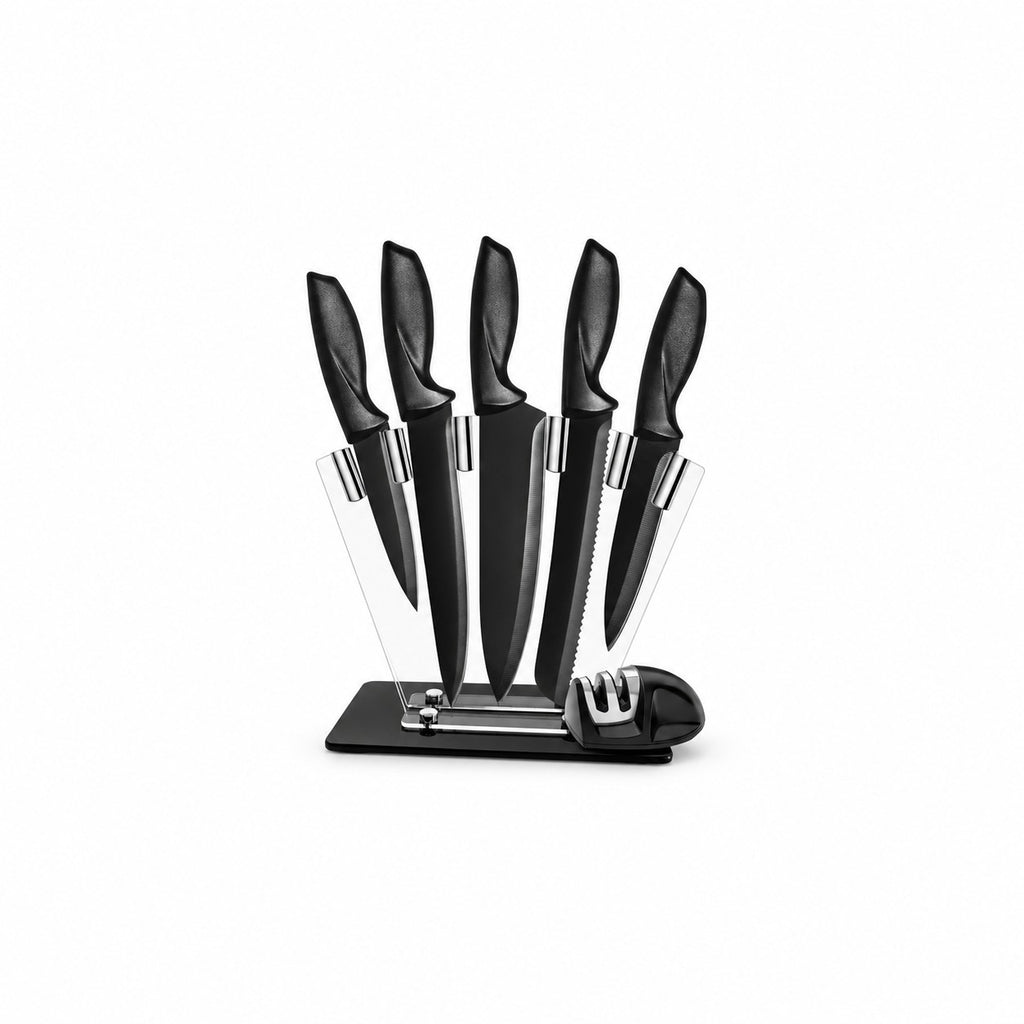 7-Piece Non-Stick Black Knife Set with Sharpener and Acrylic Stand