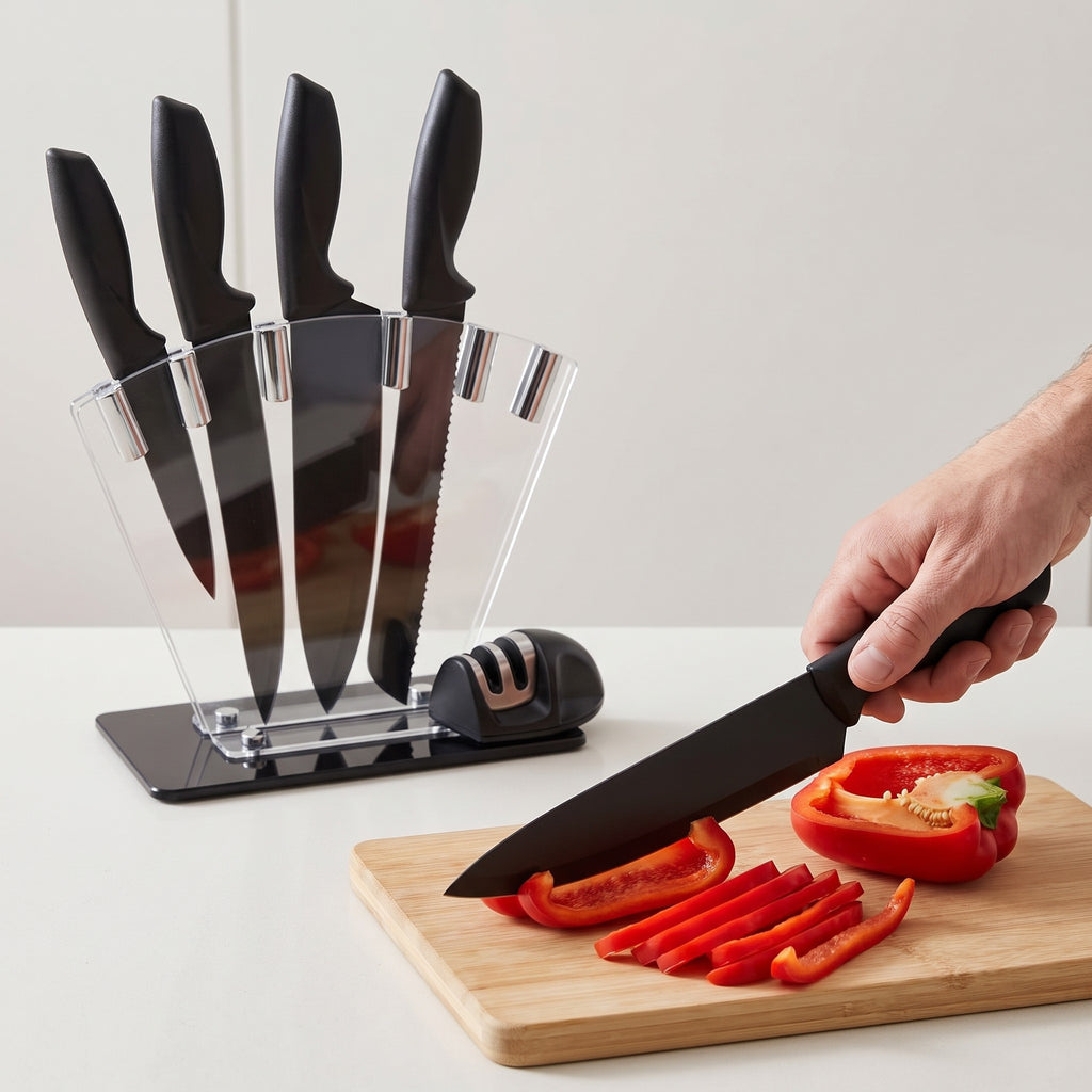 7-Piece Non-Stick Black Knife Set with Sharpener and Acrylic Stand in use, slicing a red bell pepper beside the acrylic stand