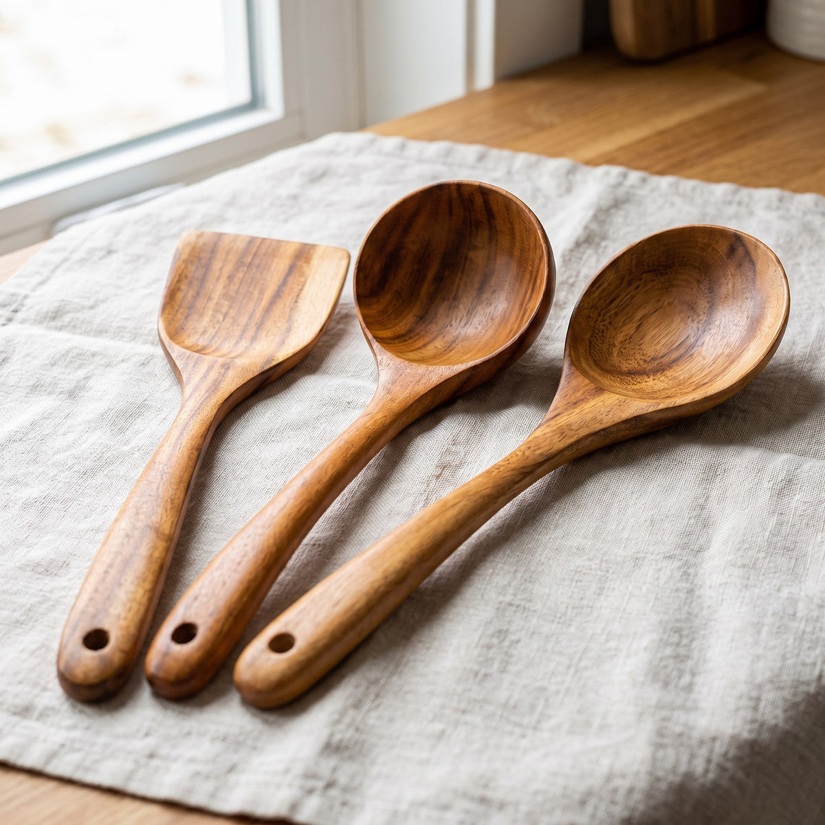 7-Piece Teak Wood Cooking Utensil Set for Nonstick Cookware - close-up of the golden teak wood grain and hanging holes