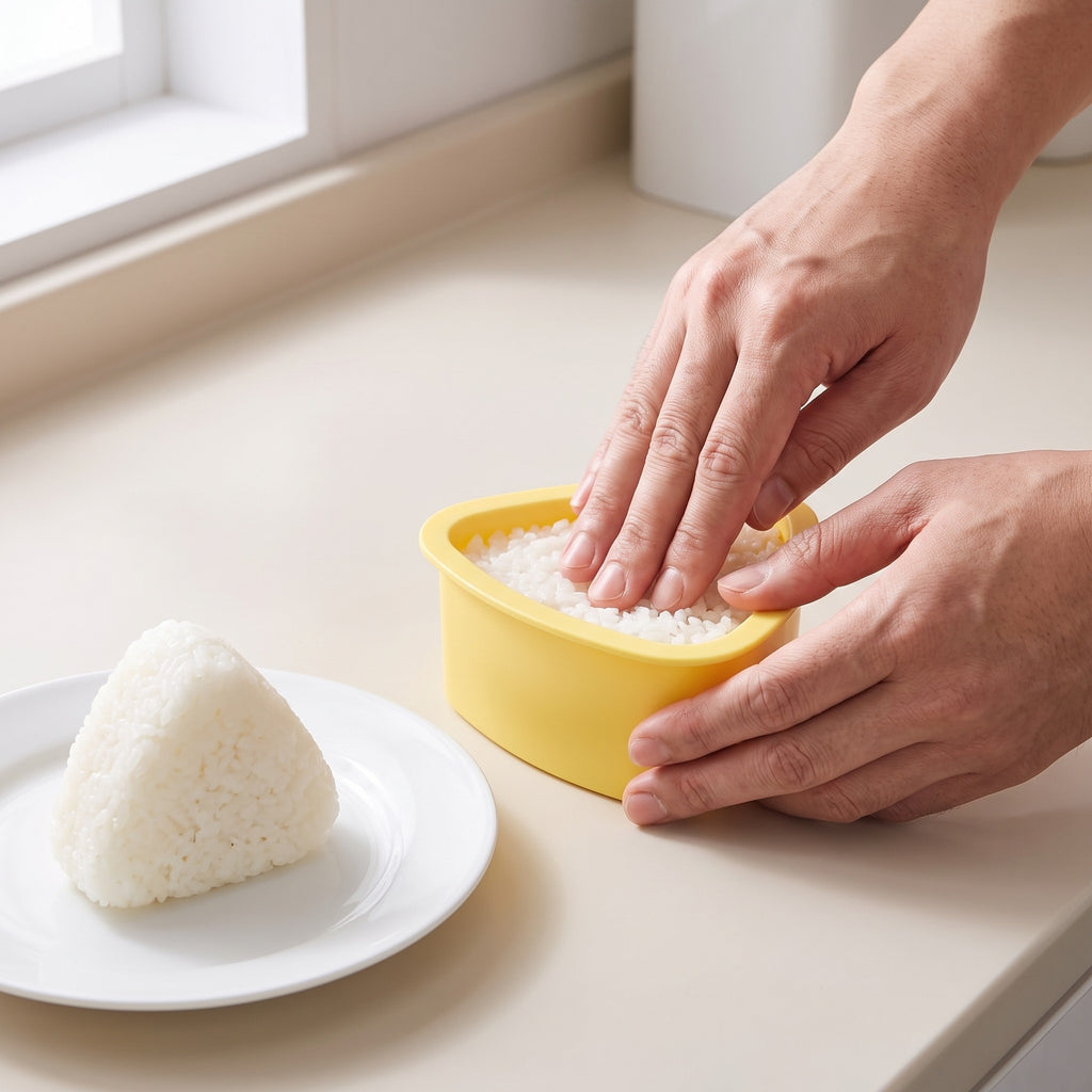 8-Piece Bento and Onigiri Mold Kit with Layered Sushi Mold in use, pressing rice into the triangle mold