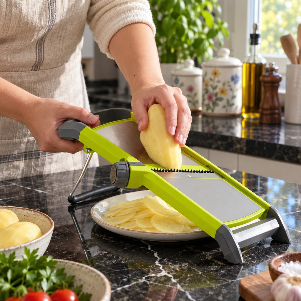 Adjustable Mandoline Slicer with Hand Guard and Non-Slip Base in a home kitchen