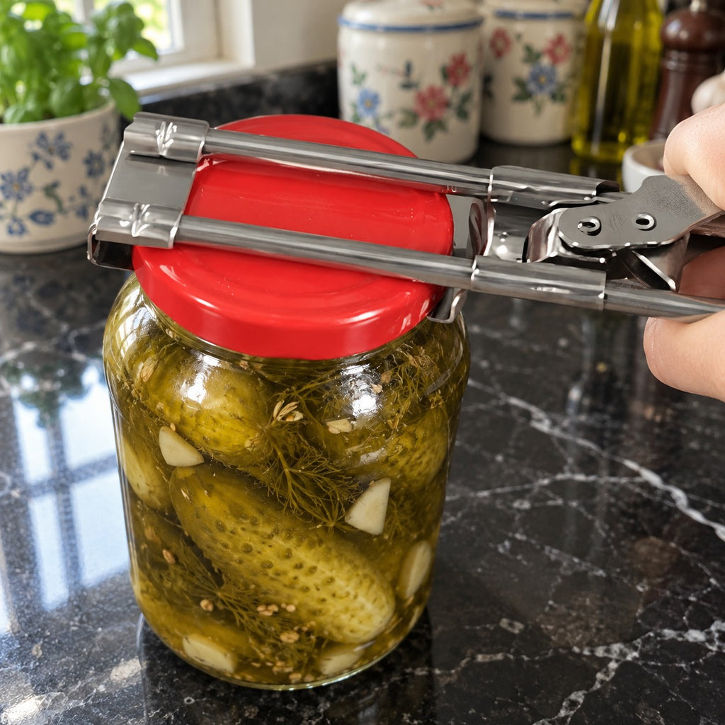 Adjustable Stainless Steel Jar Opener in a home kitchen