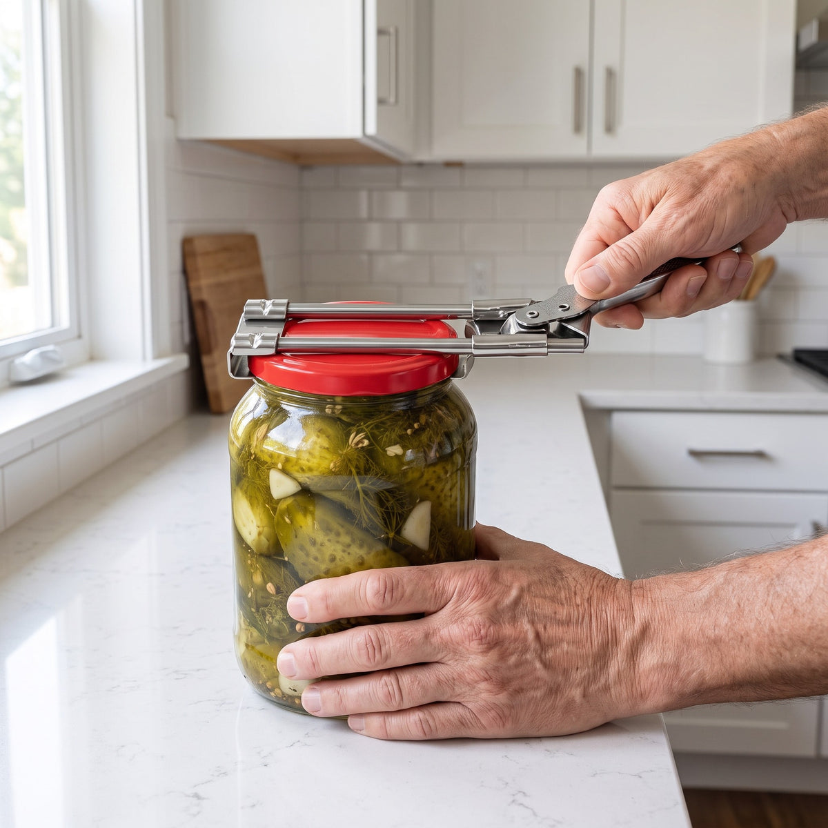 Adjustable Stainless Steel Jar Opener with Wide Size Range in use, opening a large pickle jar