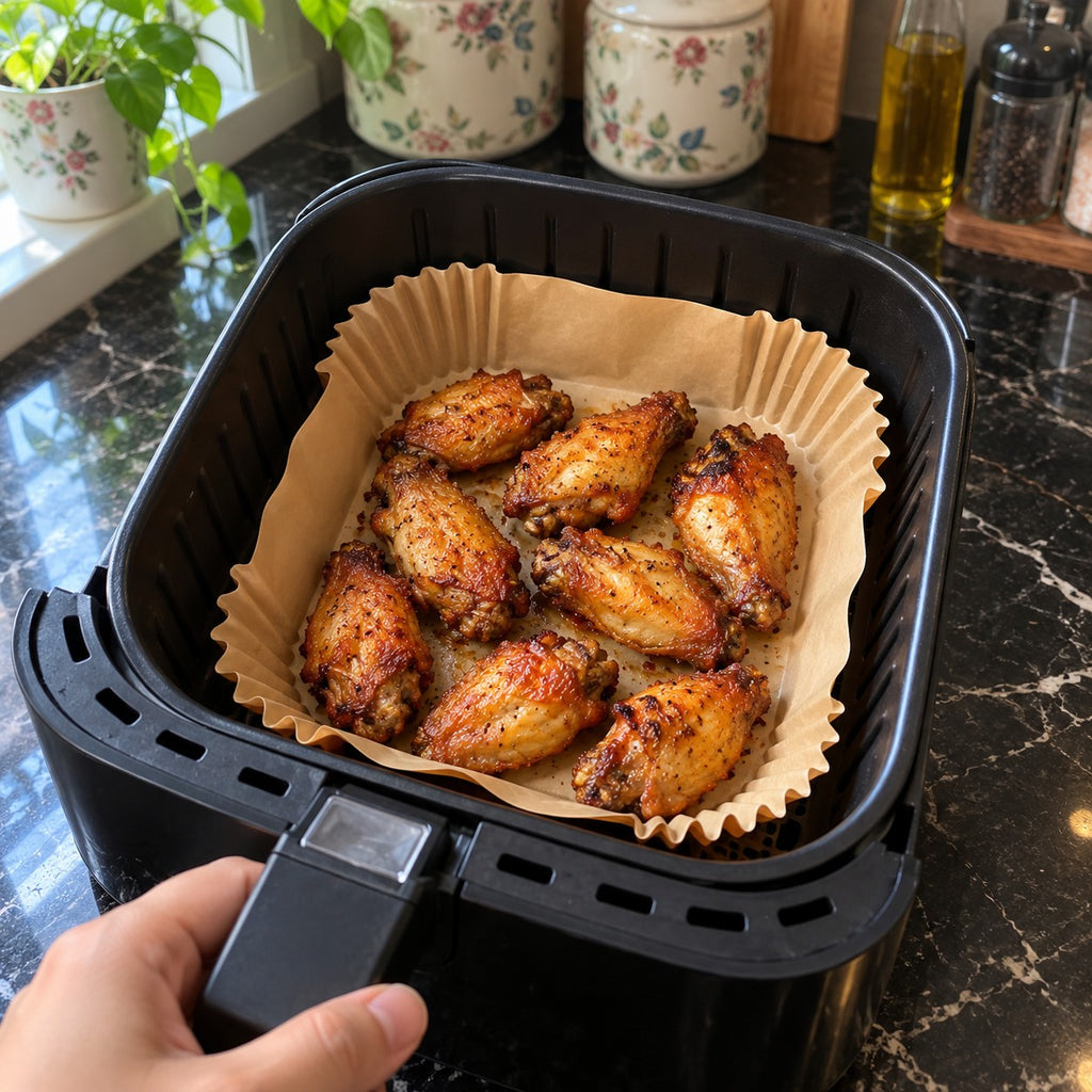 Unbleached Air Fryer Parchment Paper Liners in a home kitchen
