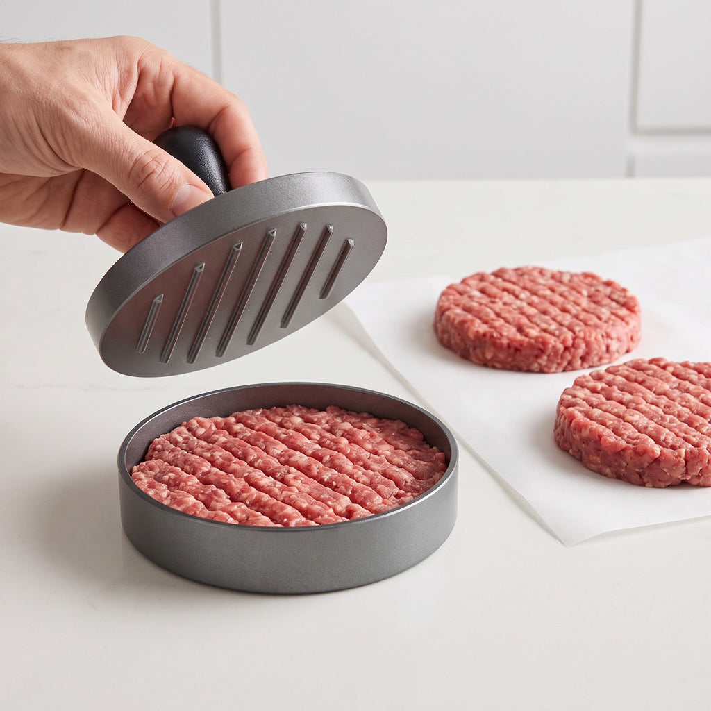 Aluminum Alloy Burger Patty Press with Detachable Arm in use, lifting the press from a freshly pressed patty