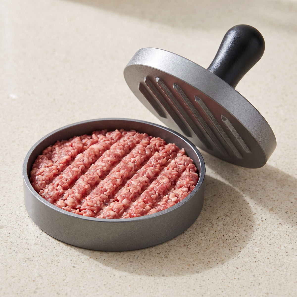 Aluminum Alloy Burger Patty Press with Detachable Arm - close-up of the ridged aluminum press plate and a pressed patty