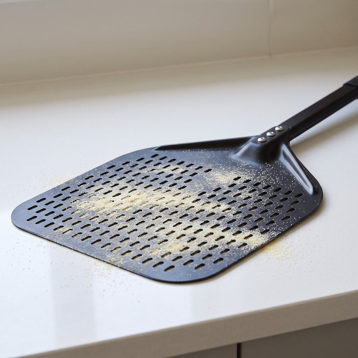 Anodized Aluminum Pizza Peel for Home and Outdoor Ovens - close-up of the perforated anodized aluminum blade and riveted handle