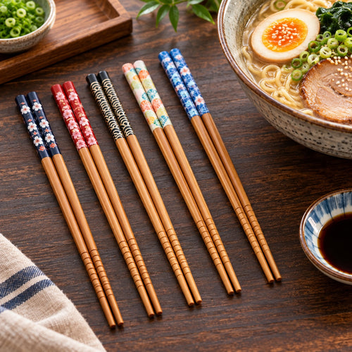 Bamboo Chopsticks Set, 5 Pairs with a bowl of ramen