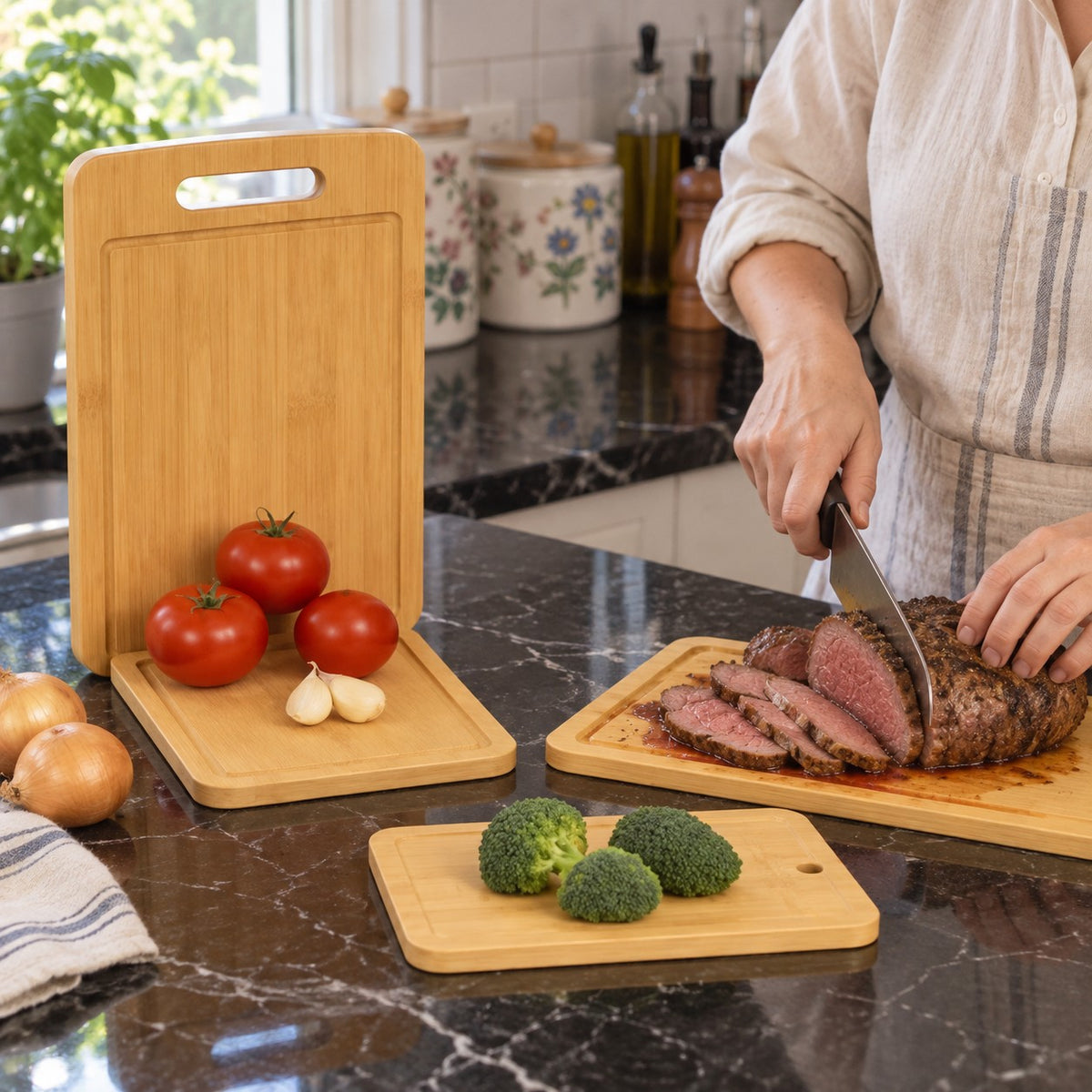 Bamboo Cutting Board with Juice Groove in a home kitchen