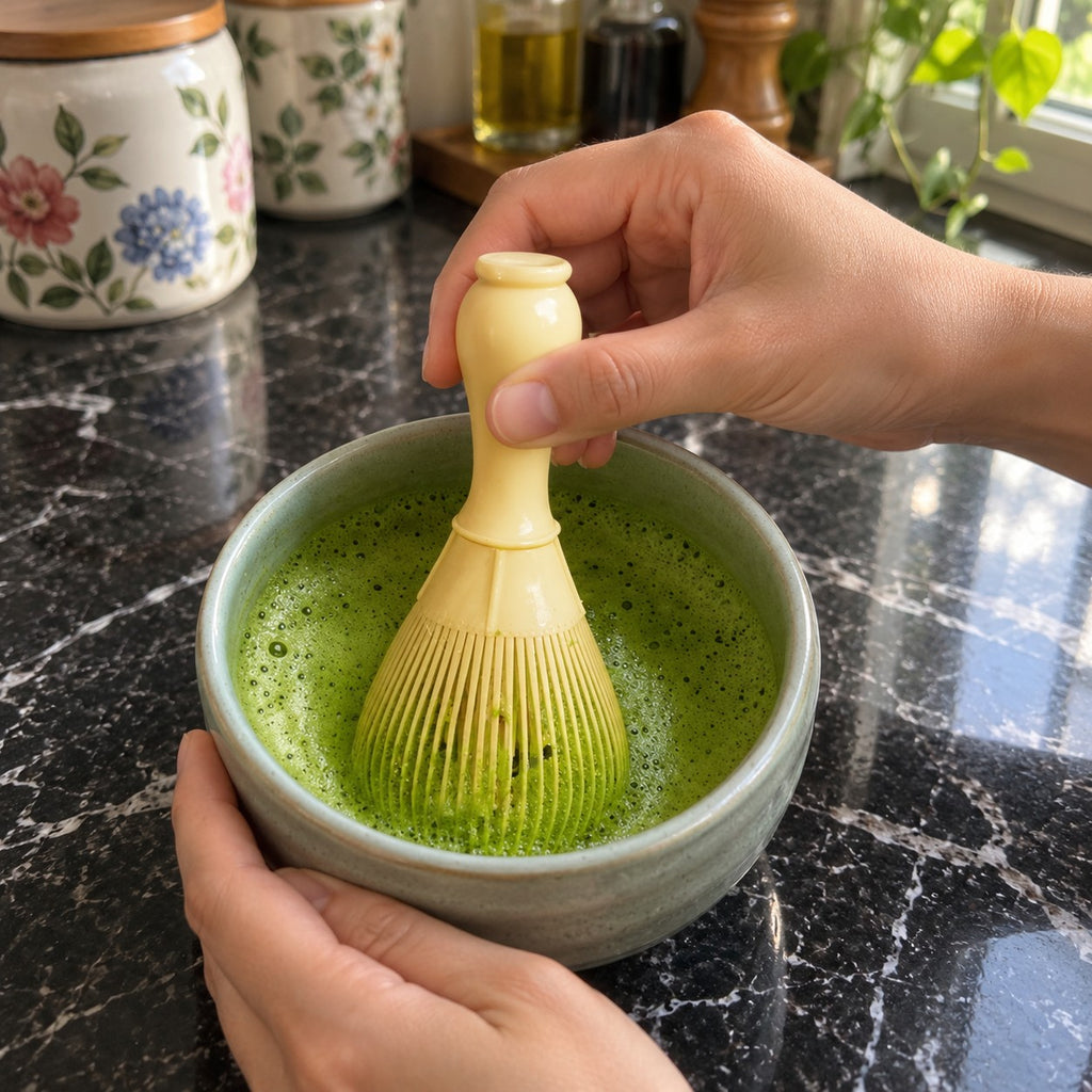 Traditional Bamboo Matcha Whisk for Frothy Tea in a home kitchen