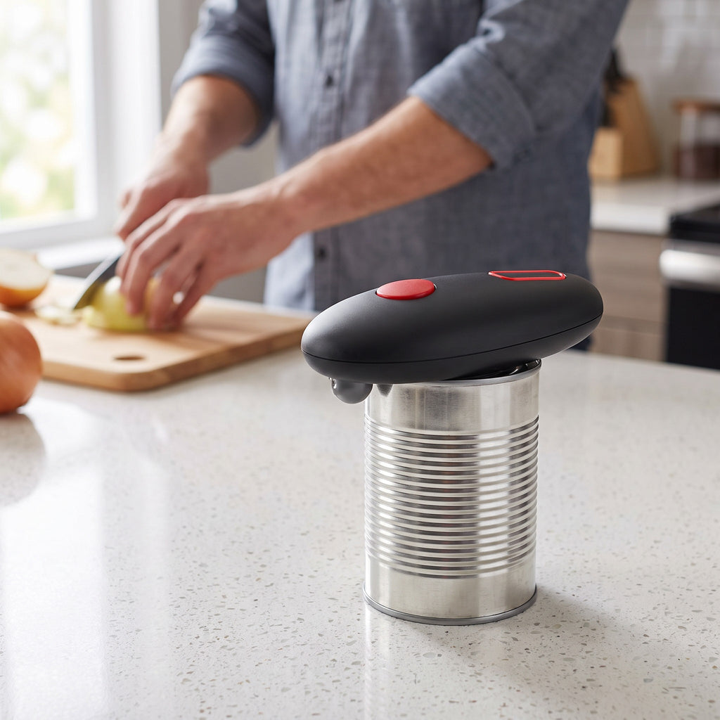 Battery-Operated Electric Can Opener for Round Oval and Square Cans in use, opening a can hands-free on the counter