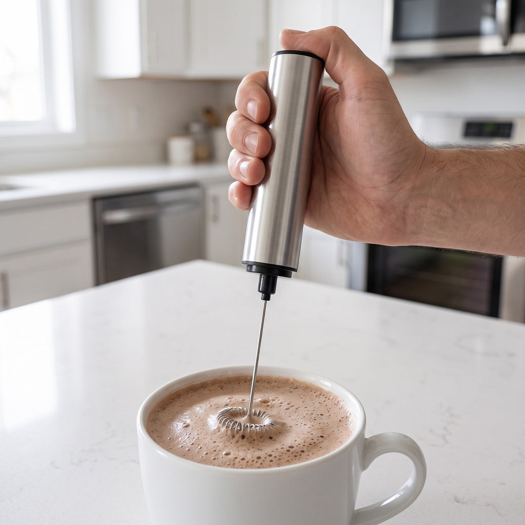 Battery-Operated Handheld Milk Frother with Detachable Head in use, frothing hot chocolate in a mug