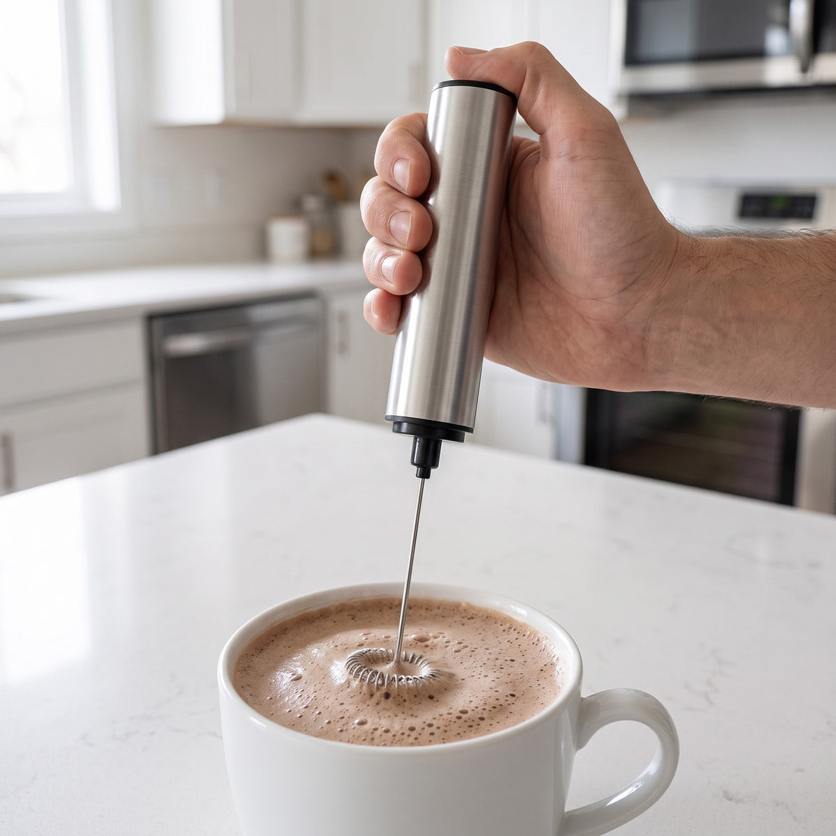 Battery-Operated Handheld Milk Frother with Detachable Head in use, frothing hot chocolate in a mug