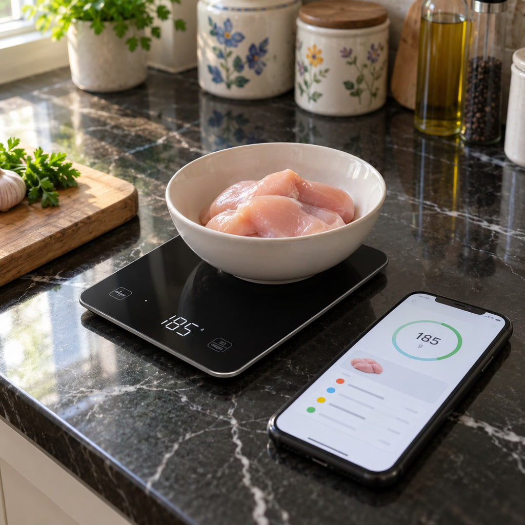 Bluetooth Nutrition Kitchen Scale, Rechargeable in a home kitchen
